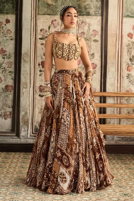 Diyarajvvir Brown Crepe, Georgette Sequins, Embroidery Square Caramel Printed Lehenga Set
