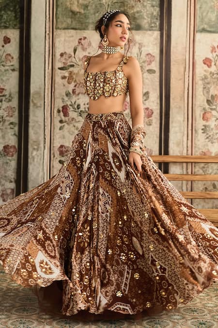 Buy Diyarajvvir Brown Crepe, Georgette Sequins, Embroidery Square Caramel Printed Lehenga Set Online at Aza Fashions Buy_Diyarajvvir_Brown Crepe, Georgette Sequins, Embroidery Square Caramel Printed Lehenga Set _Online_at_Aza_Fashions