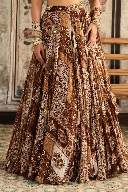 Shop Diyarajvvir Brown Crepe, Georgette Sequins, Embroidery Square Caramel Printed Lehenga Set Online at Aza Fashions Shop_Diyarajvvir_Brown Crepe, Georgette Sequins, Embroidery Square Caramel Printed Lehenga Set _Online_at_Aza_Fashions