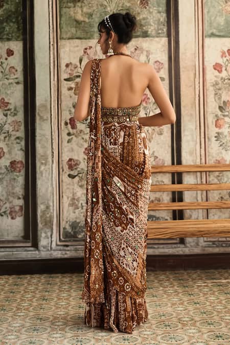 Diyarajvvir Caramel Brown Pre-Draped Saree Set 