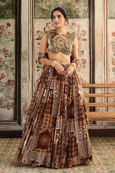 Diyarajvvir Brown Georgette Beads, Sequins Round Neck Caramel Printed Lehenga Set