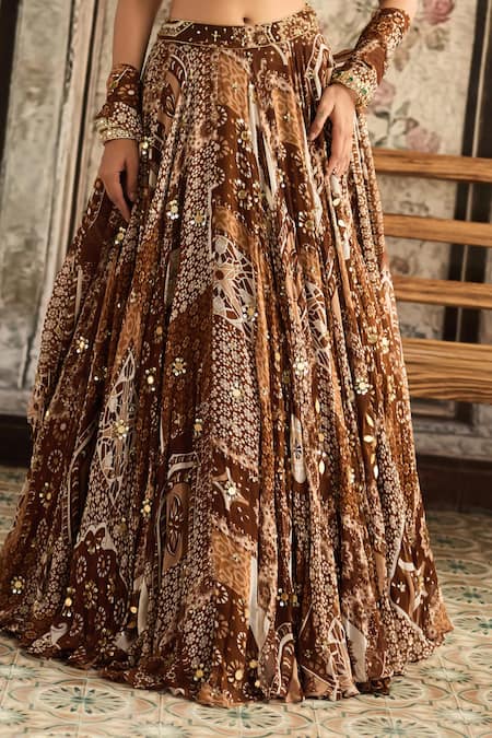 Buy Diyarajvvir Brown Crepe, Georgette Sequins, Beads Sweetheart Printed Caramel Lehenga Set Online at Aza Fashions Buy_Diyarajvvir_Brown Crepe, Georgette Sequins, Beads Sweetheart Printed Caramel Lehenga Set _Online_at_Aza_Fashions