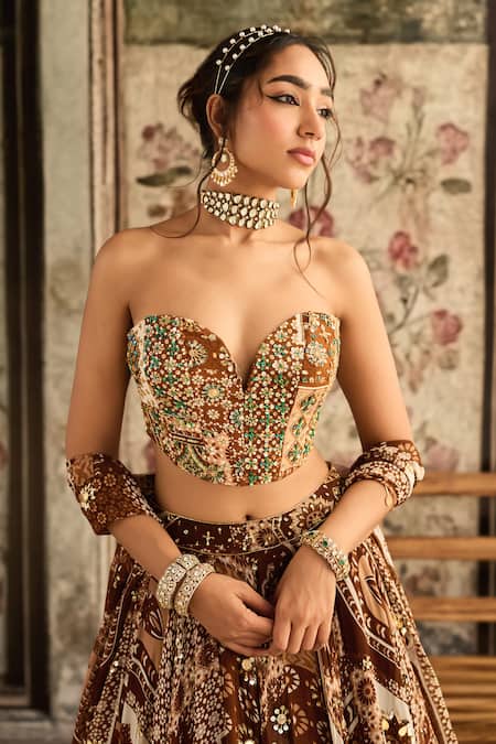 Shop Diyarajvvir Brown Crepe, Georgette Sequins, Beads Sweetheart Printed Caramel Lehenga Set Online at Aza Fashions Shop_Diyarajvvir_Brown Crepe, Georgette Sequins, Beads Sweetheart Printed Caramel Lehenga Set _Online_at_Aza_Fashions