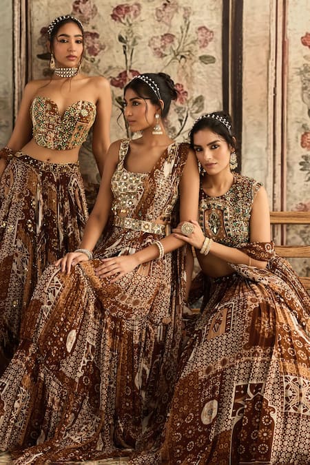 Diyarajvvir Brown Crepe, Georgette Sequins, Beads Sweetheart Printed Caramel Lehenga Set at Aza Fashions Diyarajvvir_Brown Crepe, Georgette Sequins, Beads Sweetheart Printed Caramel Lehenga Set _at_Aza_Fashions