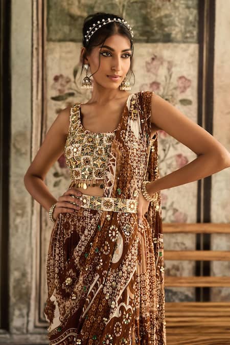 Diyarajvvir Brown Crepe, Georgette Caramel Designer Pre-draped Skirt Saree Set With Blouse Online at Aza Fashions Diyarajvvir_Brown Crepe, Georgette Caramel Designer Pre-draped Skirt Saree Set With Blouse _Online_at_Aza_Fashions