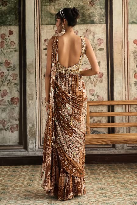 Diyarajvvir Caramel Brown Designer Pre-Draped Skirt Saree Set With Blouse 