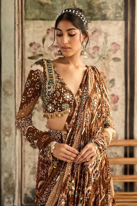 Diyarajvvir_Brown Crepe, Georgette Sequins, Caramel Pre-draped Sharara Saree With Blouse _Online_at_Aza_Fashions