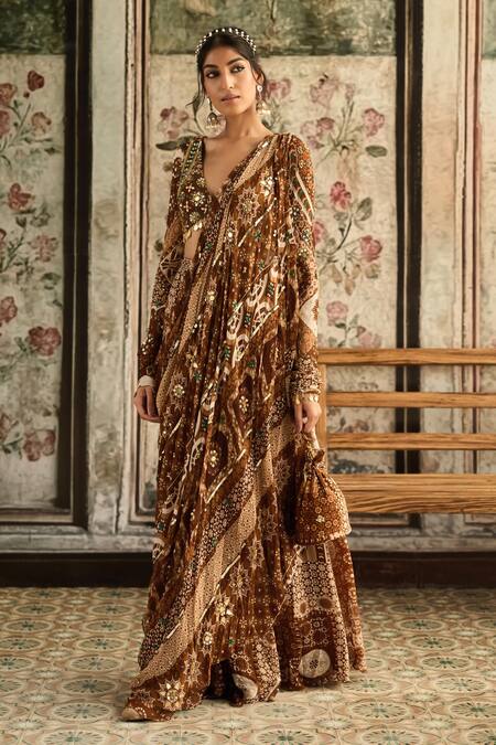 Buy_Diyarajvvir_Brown Crepe, Georgette Sequins, Caramel Pre-draped Sharara Saree With Blouse _Online_at_Aza_Fashions