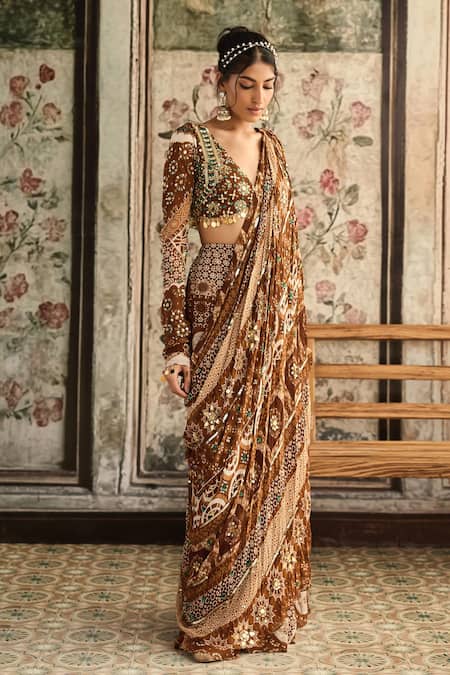 Shop_Diyarajvvir_Brown Crepe, Georgette Sequins, Caramel Pre-draped Sharara Saree With Blouse _Online_at_Aza_Fashions