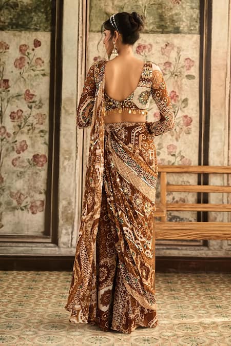 Diyarajvvir Caramel Brown Pre-Draped Sharara Saree With Blouse 