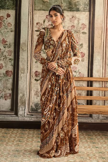 Diyarajvvir Brown Crepe, Georgette Sequins, Caramel Pre-draped Sharara Saree With Blouse