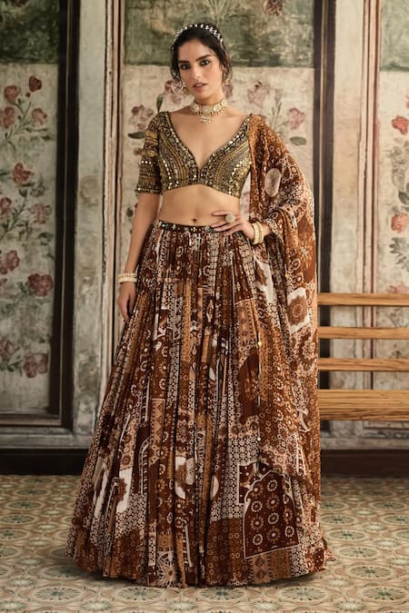 Diyarajvvir Brown Tulle, Georgette Sequins, Beads V-neck Caramel Printed Lehenga Set