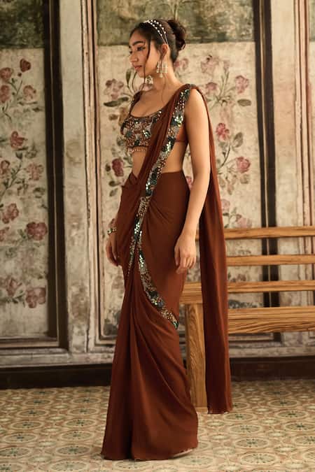 Buy_Diyarajvvir_Brown Georgette, Tulle Sequins, Beads Caramel Pre-draped Saree With Blouse _Online_at_Aza_Fashions