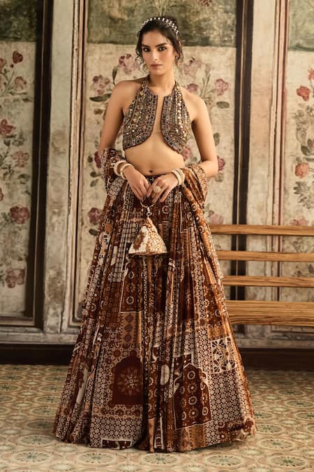 Diyarajvvir Brown Tulle, Georgette Beads, Sequins, Embroidery Caramel Designer Lehenga Set 