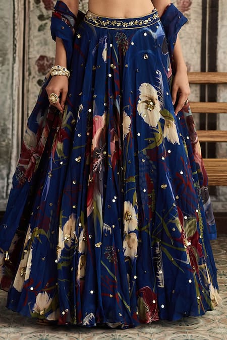 Diyarajvvir_Blue Crepe, Organza Sequins, Beads, Embroidery Round Floral Print Lehenga Set _Online_at_Aza_Fashions