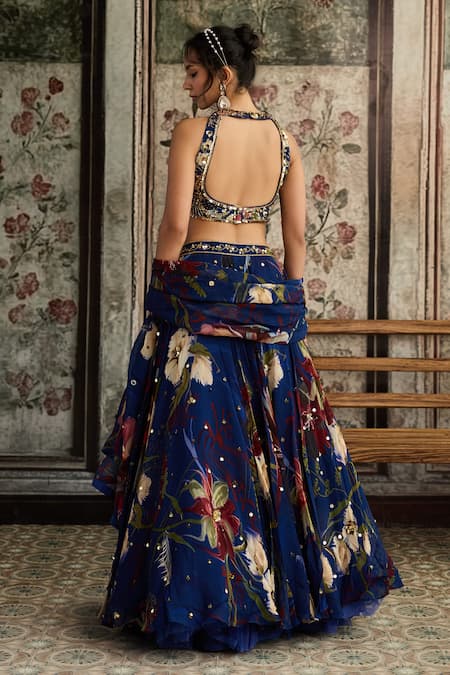 Shop_Diyarajvvir_Blue Crepe, Organza Sequins, Beads, Embroidery Round Floral Print Lehenga Set _at_Aza_Fashions