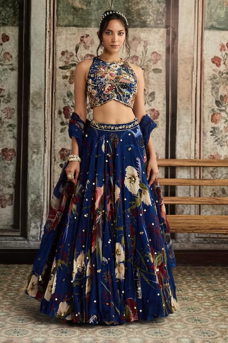 Diyarajvvir Blue Crepe, Organza Sequins, Beads, Embroidery Round Floral Print Lehenga Set 