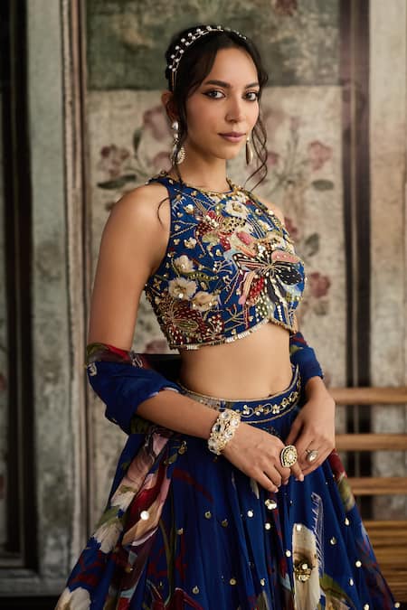 Buy_Diyarajvvir_Blue Crepe, Organza Sequins, Beads, Embroidery Round Floral Print Lehenga Set _Online_at_Aza_Fashions