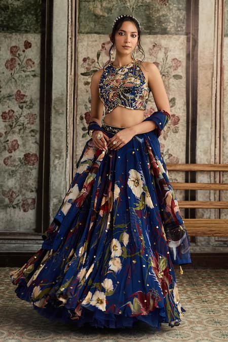 Shop_Diyarajvvir_Blue Crepe, Organza Sequins, Beads, Embroidery Round Floral Print Lehenga Set _Online_at_Aza_Fashions