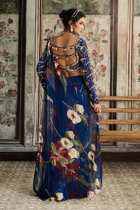 Diyarajvvir Floral Print Pre-Draped Skirt Saree With Blouse 
