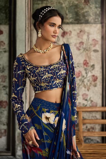 Buy_Diyarajvvir_Blue Crepe, Georgette Sequins, Floral Print Pre-draped Skirt Saree With Blouse _Online_at_Aza_Fashions