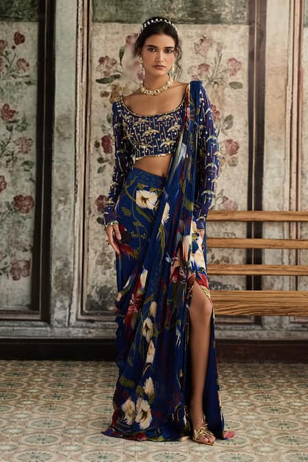 Shop_Diyarajvvir_Blue Crepe, Georgette Sequins, Floral Print Pre-draped Skirt Saree With Blouse _Online_at_Aza_Fashions