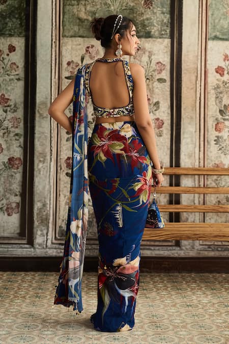 Diyarajvvir Floral Print Pre-Draped Skirt Saree With Blouse 