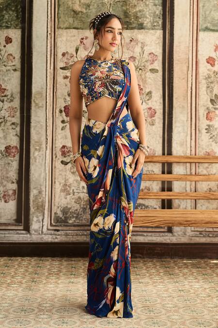 Diyarajvvir_Blue Crepe Sequins, Embroidery, Floral Print Pre-draped Skirt Saree With Blouse _at_Aza_Fashions