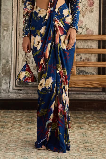 Diyarajvvir_Blue Crepe Sequins, Beads Round Floral Print Pre-draped Skirt Saree With Blouse _Online_at_Aza_Fashions