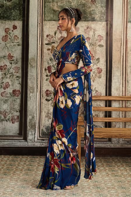 Buy_Diyarajvvir_Blue Crepe Sequins, Beads Round Floral Print Pre-draped Skirt Saree With Blouse _Online_at_Aza_Fashions