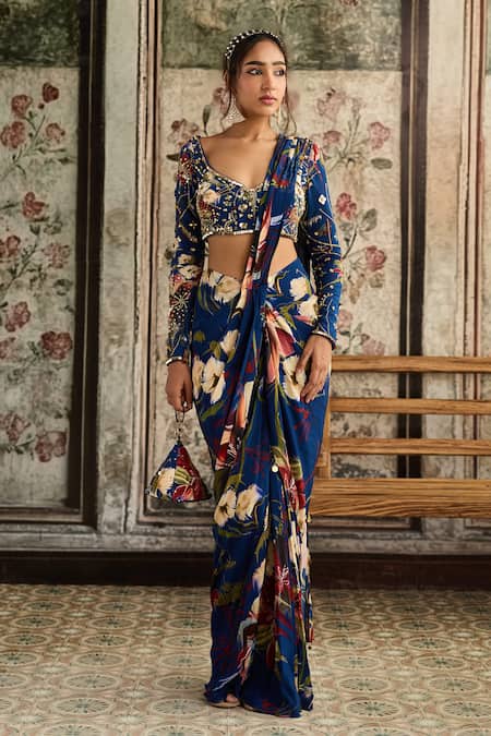 Diyarajvvir Floral Print Pre-Draped Skirt Saree With Blouse 