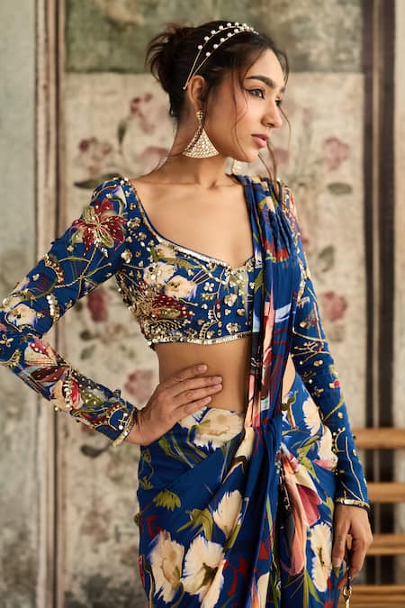 Shop_Diyarajvvir_Blue Crepe Sequins, Beads Round Floral Print Pre-draped Skirt Saree With Blouse _Online_at_Aza_Fashions