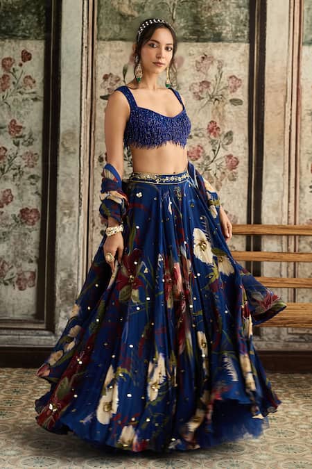 Buy_Diyarajvvir_Blue Tulle, Organza Beads, Sequins Scoop Neck Floral Print Lehenga Set _Online_at_Aza_Fashions