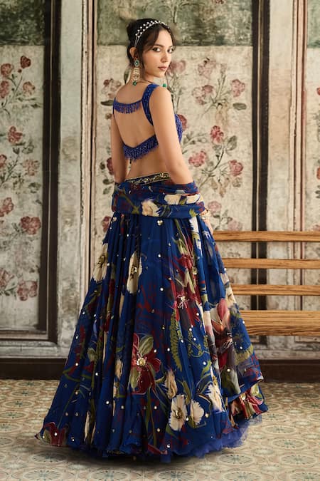 Shop_Diyarajvvir_Blue Tulle, Organza Beads, Sequins Scoop Neck Floral Print Lehenga Set _at_Aza_Fashions