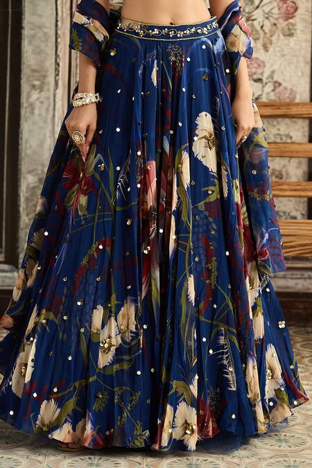Shop_Diyarajvvir_Blue Tulle, Organza Beads, Sequins Scoop Neck Floral Print Lehenga Set _Online_at_Aza_Fashions