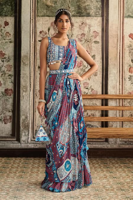 Diyarajvvir Teal Blue Pre-Draped Skirt Saree Set 