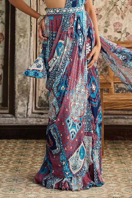 Diyarajvvir_Blue Crepe, Georgette Sequins, Embroidery Round Teal Pre-draped Skirt Saree Set _Online_at_Aza_Fashions