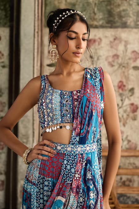 Shop_Diyarajvvir_Blue Crepe, Georgette Sequins, Embroidery Round Teal Pre-draped Skirt Saree Set _Online_at_Aza_Fashions