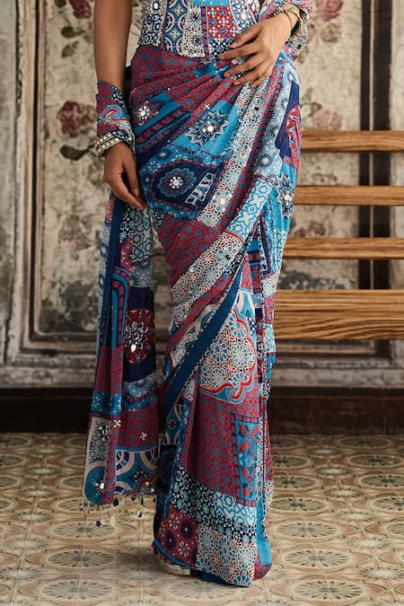 Diyarajvvir_Teal Crepe, Georgette Sequins, Embroidery, Blue Pre-draped Saree And Corset Blouse _Online_at_Aza_Fashions