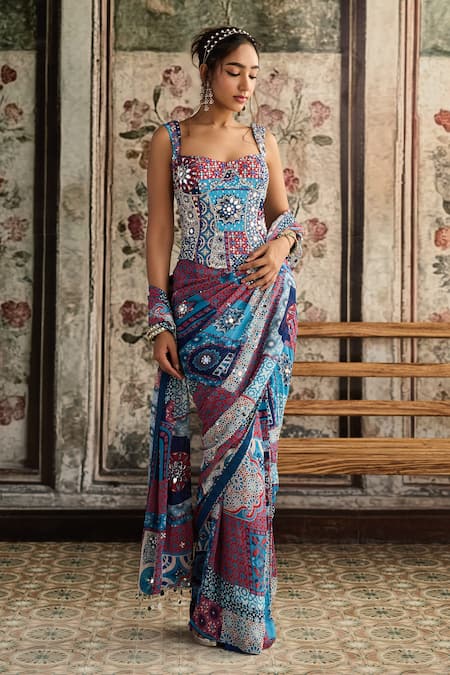 Diyarajvvir Teal Blue Pre-Draped Saree & Corset Blouse 