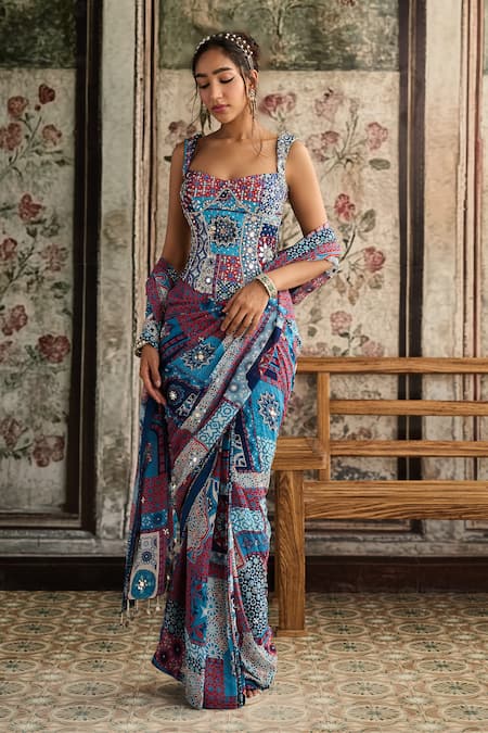 Buy_Diyarajvvir_Teal Crepe, Georgette Sequins, Embroidery, Blue Pre-draped Saree And Corset Blouse _Online_at_Aza_Fashions