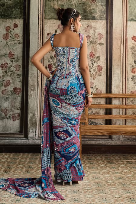 Shop_Diyarajvvir_Teal Crepe, Georgette Sequins, Embroidery, Blue Pre-draped Saree And Corset Blouse _at_Aza_Fashions