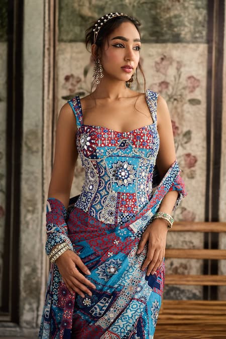 Shop_Diyarajvvir_Teal Crepe, Georgette Sequins, Embroidery, Blue Pre-draped Saree And Corset Blouse _Online_at_Aza_Fashions