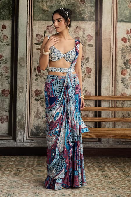 Diyarajvvir Teal Blue Pre-Draped Gharara Saree Set 