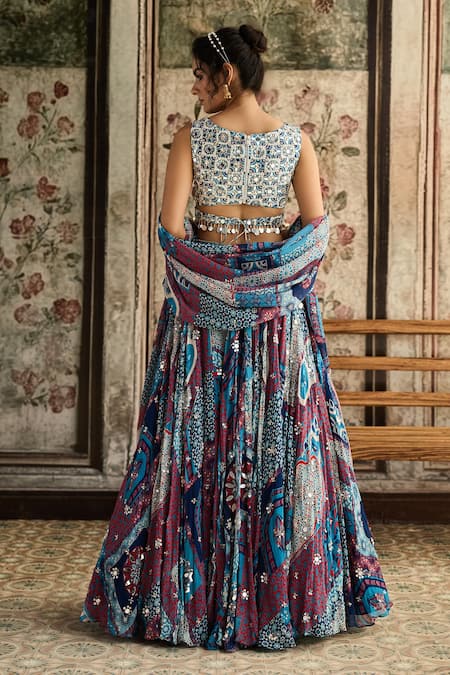 Shop_Diyarajvvir_Blue Crepe, Georgette Mirrors, Sequins, Embroidery Teal Printed Lehenga Set _at_Aza_Fashions