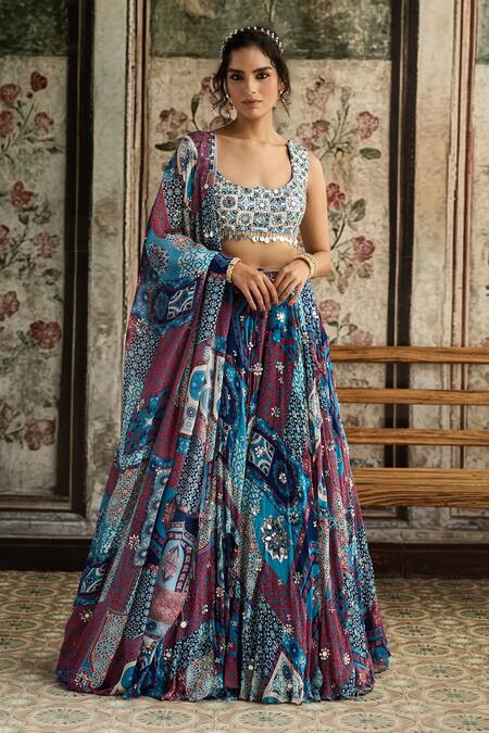 Diyarajvvir_Blue Crepe, Georgette Mirrors, Sequins, Embroidery Teal Printed Lehenga Set _Online_at_Aza_Fashions