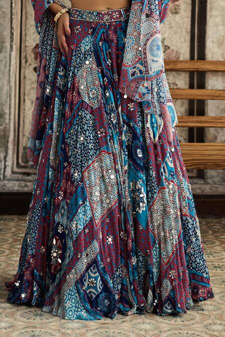 Buy_Diyarajvvir_Blue Crepe, Georgette Mirrors, Sequins, Embroidery Teal Printed Lehenga Set _Online_at_Aza_Fashions