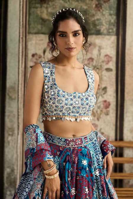 Shop_Diyarajvvir_Blue Crepe, Georgette Mirrors, Sequins, Embroidery Teal Printed Lehenga Set _Online_at_Aza_Fashions