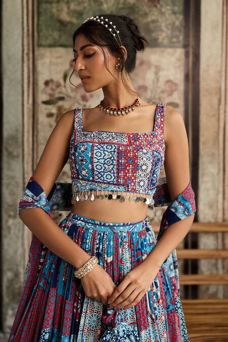 Diyarajvvir Blue Crepe, Georgette Tassels Square Neck Teal Printed Lehenga Set Online at Aza Fashions Diyarajvvir_Blue Crepe, Georgette Tassels Square Neck Teal Printed Lehenga Set _Online_at_Aza_Fashions