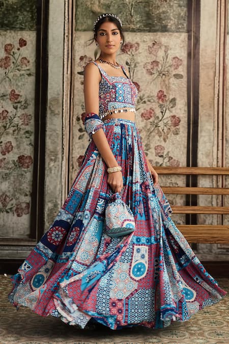 Buy Diyarajvvir Blue Crepe, Georgette Tassels Square Neck Teal Printed Lehenga Set Online at Aza Fashions Buy_Diyarajvvir_Blue Crepe, Georgette Tassels Square Neck Teal Printed Lehenga Set _Online_at_Aza_Fashions